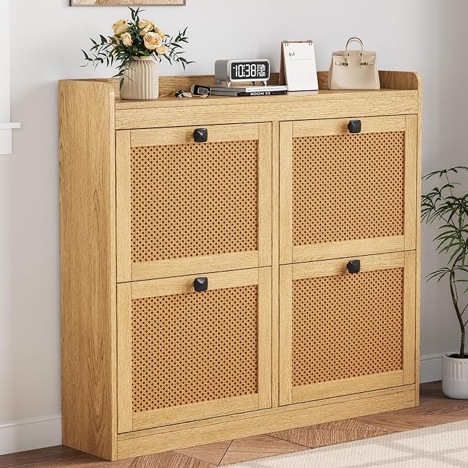 Garvee Shoe Storage Cabinet with 4 Flip Drawers, Wood Shoe Cabinet with Rattan Doors and Adjustable Shelves- Freestanding Shoe Organizer for Entryway, Hallway