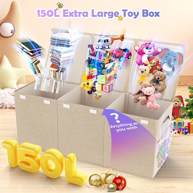 Extra Large Toy Box, Collapsible Toy Storage Organizer, 40"x16"x16", Beige | Sturdy Kids Toys Bin Chest with 2 Mesh Pockets and Dividers for Boys Girls, Bedroom & Living room Toy Organization
