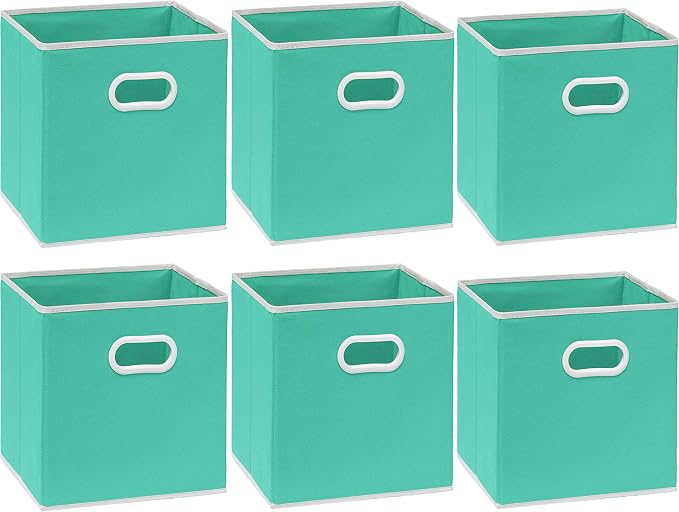 Simple Houseware 11-Inch Foldable Cube Storage Bins with Handles, Turquoise | 6-Pack Lightweight & Durable Structure Fabric Cubes Organizer for Closet or Shelves