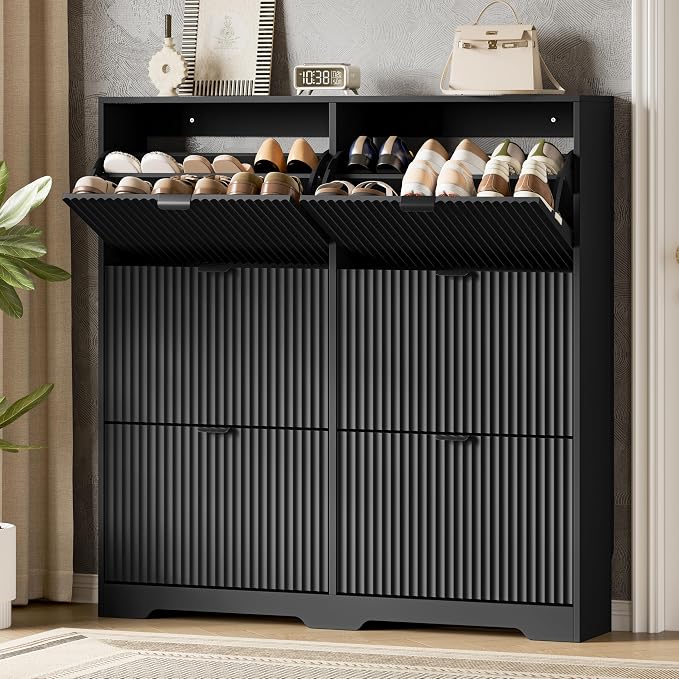 Xixini Shoe Storage Cabinet for Entryway with 6 Flip Drawers, Hidden Slim Wood Shoe Organizer with Modern Fluted Panel, Freestanding Narrow Shoe Rack for Front Door Entrance, Hallway, Foyer, Black