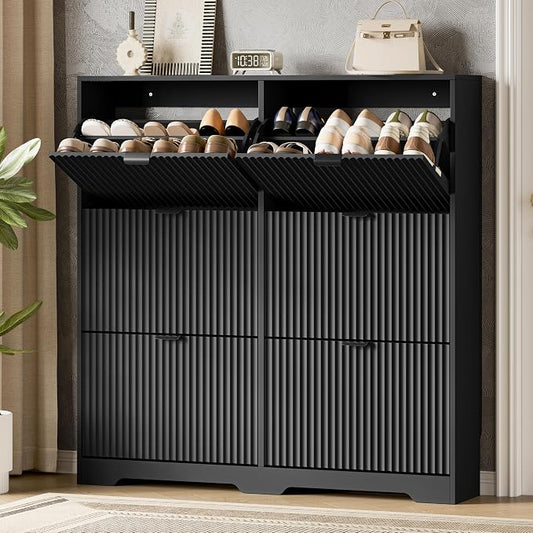 Xixini Shoe Storage Cabinet for Entryway with 6 Flip Drawers, Hidden Slim Wood Shoe Organizer with Modern Fluted Panel, Freestanding Narrow Shoe Rack for Front Door Entrance, Hallway, Foyer, Black