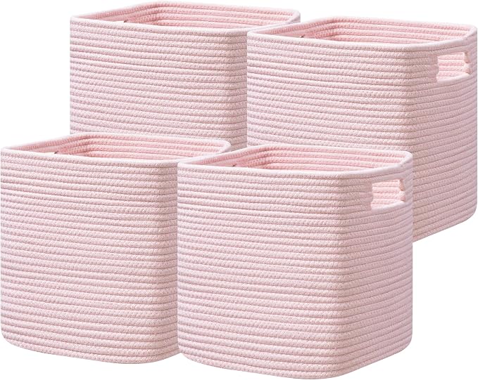 UBBCARE Set of 4 Storage Basket-13 X 13 X 13 in, Cotton Rope Basket for Shelves, Toys, Book, Cube Storage Bins with Handles, Woven Storage Basket for Organizing, Pink