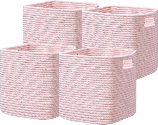 UBBCARE Set of 4 Storage Basket-13 X 13 X 13 in, Cotton Rope Basket for Shelves, Toys, Book, Cube Storage Bins with Handles, Woven Storage Basket for Organizing, Pink