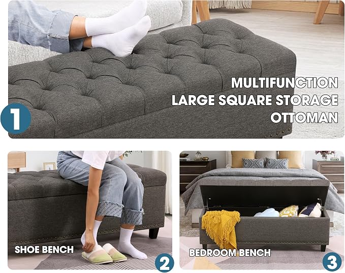 Grepatio 51" Ottoman Storage Benches, 30 Gallons End of Bed Storage Bench, Large Rectangular Ottoman, Button-Tufted Ottoman with Storage for Living Room Bedroom, Foot of Bed (Gray)