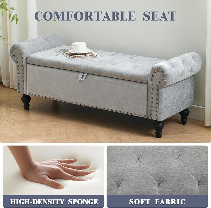 51" Storage Bench for Bedroom, Upholstered Ottoman Bench Chenille LightGray | End of Bed Bench for Bedroom, Window Benches for Living Room, Entryway, Ottoman with Large Storage Space, Pet Friendly