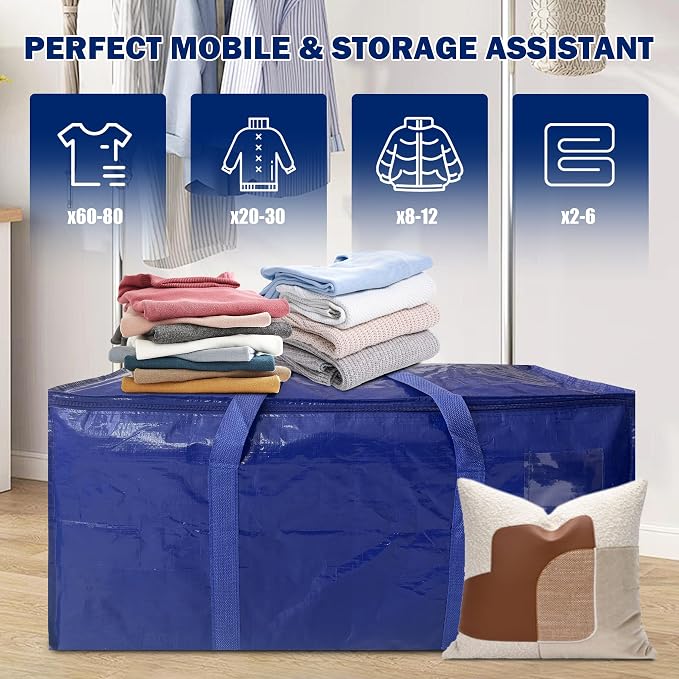 16 Pack Extra Heavy Duty Large Moving Bags with Strong Zipper & Carrying Handles, Sturdy Clothes Storage Bag Totes Bins, Packing Bags Moving Boxes College Moving Supplies, Dark Blue - 24 gal