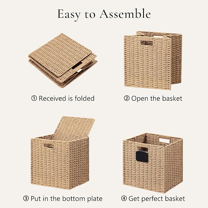UBBCARE 4 Pack Wicker Basket, 12×12 Storage Cubes with Label, Foldable Cube Storage Bin with Handle, Square Storage Basket for Shelves, Woven Paper Rope Basket for Organizing, Light Brown