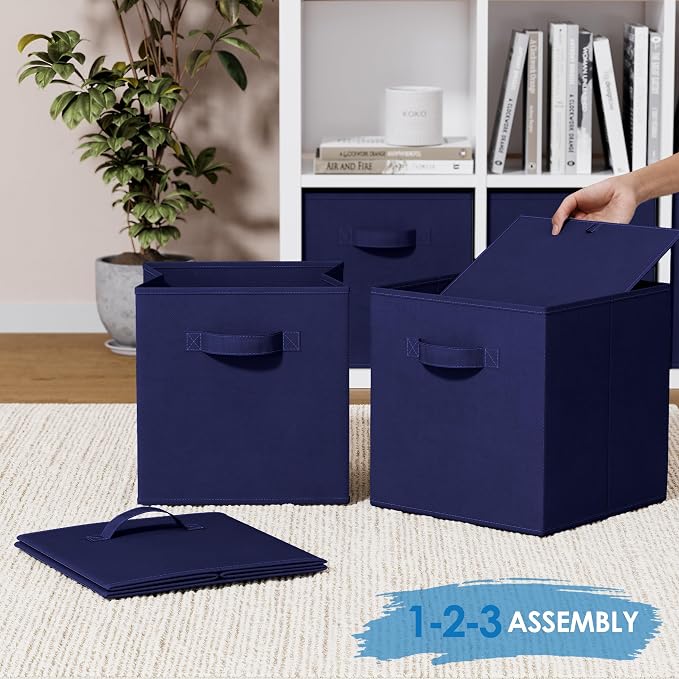 Storage Cubes Pack Of 8 - Standard Size Cube Storage Bin 10.5x10.5x11 With Dual Handles For Easy Carrying- Fabric Storage Bins Collapsible (Navy)