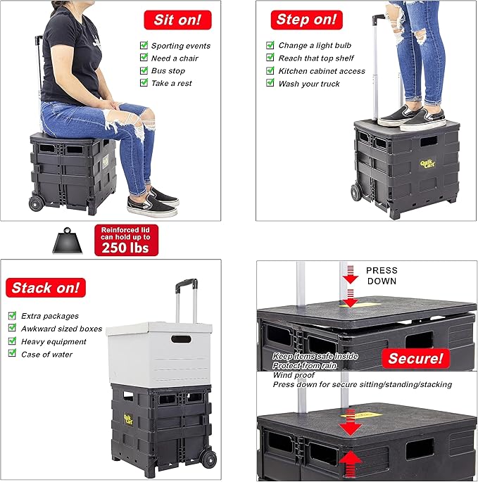 dbest Products Quik Cart Sport Collapsible Rolling Crate on Wheels for Teachers Tote Basket 80 lbs Capacity, Made from Heavy Duty Plastic, Black, Compact | Roll Up to 80 lbs Capacity, Heavy Duty Plastic Construction, Telescoping Handle, Foldable Utilit...