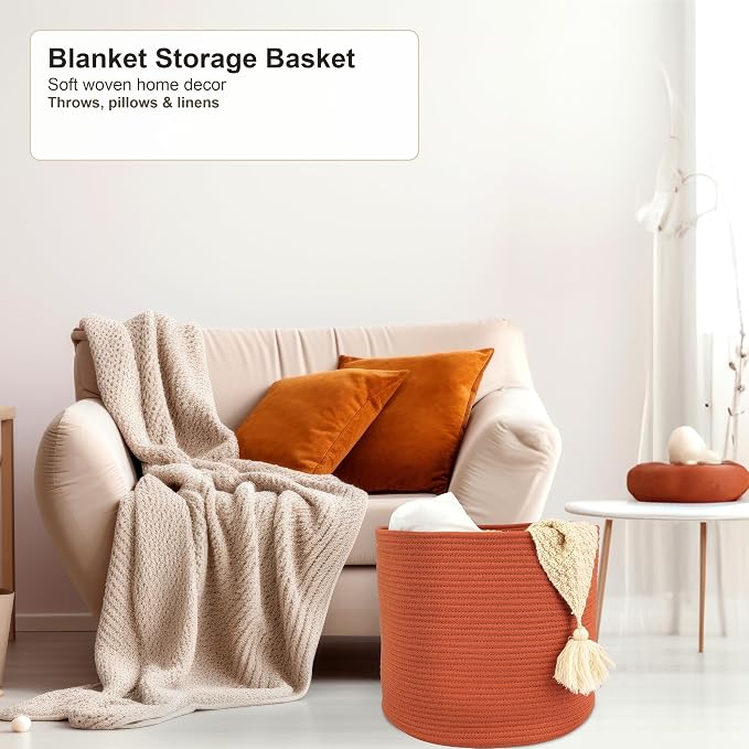 XUANGUO Cotton Rope Basket For Girls Boys Kids 16”X14” rustic | Baby Laundry Baskets, Blanket Basket, Nursery Bin; Round Woven Basket Organizer for Toy Storage, Blankets, Shoes and Clothes