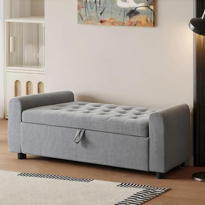 48" Ottoman with Storage, Tufted Storage Ottoman Bench, Convenient Living Room Fabrics Bench Seat, Entryway Shoe Benches with Inner Zipper & Arm, Rivetless Upholstered Window Seat Ottomans, Dark Grey