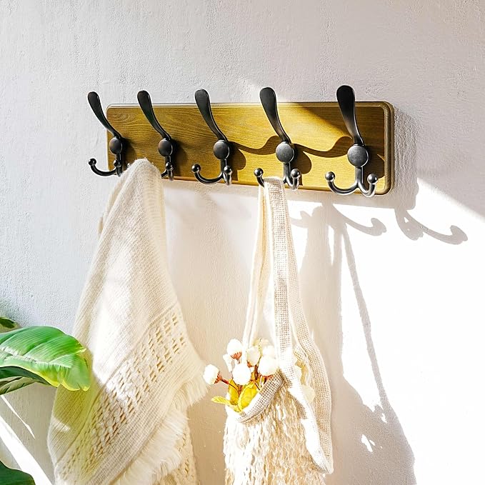 Wall Mount Coat Hanger - Heavy-Duty Robust Barnwood-Style Wooden Hook Rail with 5 Triple Hooks for Winter Coats, Hats, Jackets, Weathered Green & Black