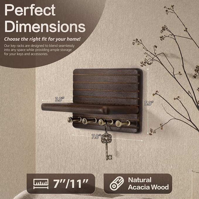 Rebee Vision Acacia Wood Key Holder Wall Mount for Entryway, Dark Brown | Small Key Holder for Wall, 4 Key Hooks, Floating Shelf, Mail Organizer, Compact Home Storage, Ideal for Home Improvement