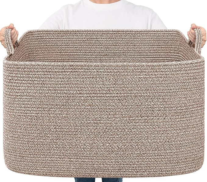 Goodpick Extra Large Woven Blanket Basket, Rectangle Storage, Brown | 85L, 23.6 x 15.7 x 13.8 in, Cotton Rope, Living Room, Bedroom & Nursery Organization, Blankets, Toys & Clothes Storage