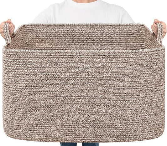 Goodpick Extra Large Woven Blanket Basket, Rectangle Storage, Brown | 85L, 23.6 x 15.7 x 13.8 in, Cotton Rope, Living Room, Bedroom & Nursery Organization, Blankets, Toys & Clothes Storage