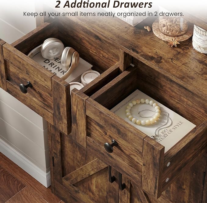 Farmhouse Storage Cabinet Set of 2, Small Kitchen Pantry Coffee Bar Cabinet | Accent Buffet Cabinet Cupboard, 2 Drawers, Barn Doors & Adjustable Shelves, for Kitchen/Entryway/Bathroom, Rustic Brown