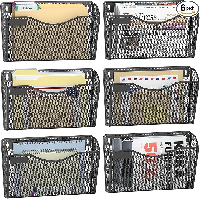 6 Pack Mesh Wall File Organizer, Wall Mount File Holder Hanging Mail Organizer Single Pocket for Office,Home,School, Black (with Label Panel)