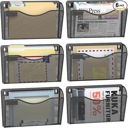 6 Pack Mesh Wall File Organizer, Wall Mount File Holder Hanging Mail Organizer Single Pocket for Office,Home,School, Black (with Label Panel)