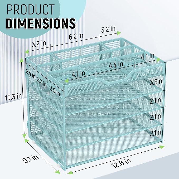 Docnest 5 Tier Mesh Desk Organizer with Removable Tray&Pen Holder, Blue | Features 3 detachable pen holders and 4 removable dividers.Versatile mesh desktop storage for mail, document,office supplie