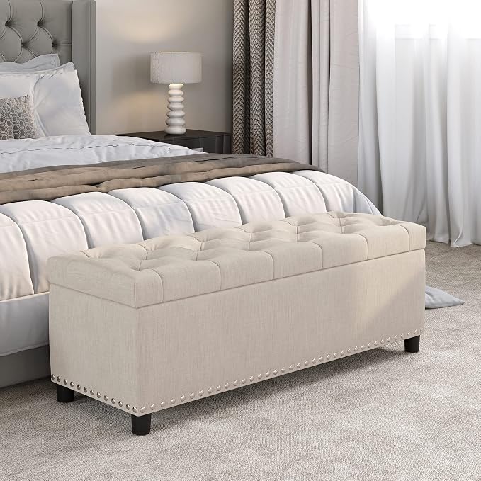 BELLEZE Storage Ottoman, Tufted Ottoman with Close Hinge, Foot Rest for Living Room (Beige, 47 inch)