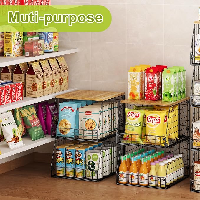 Jakyitvi 4 Pack Stackable Wire Baskets with Fixed Wooden Top, Vegetable Fruit Storage Bins for Onion Potato Snack, Pantry Baskets for Kitchen Cabinet Countertop, Pantry Organizers and Storage Rack