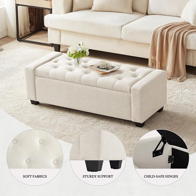 Huatean Home 48" Ottoman with Storage, Beige Storage Ottoman Bench | Upholstered Entryway Bench with Seating for Bedroom, Living Room, with Safety Hinge, Holds up to 330 lb