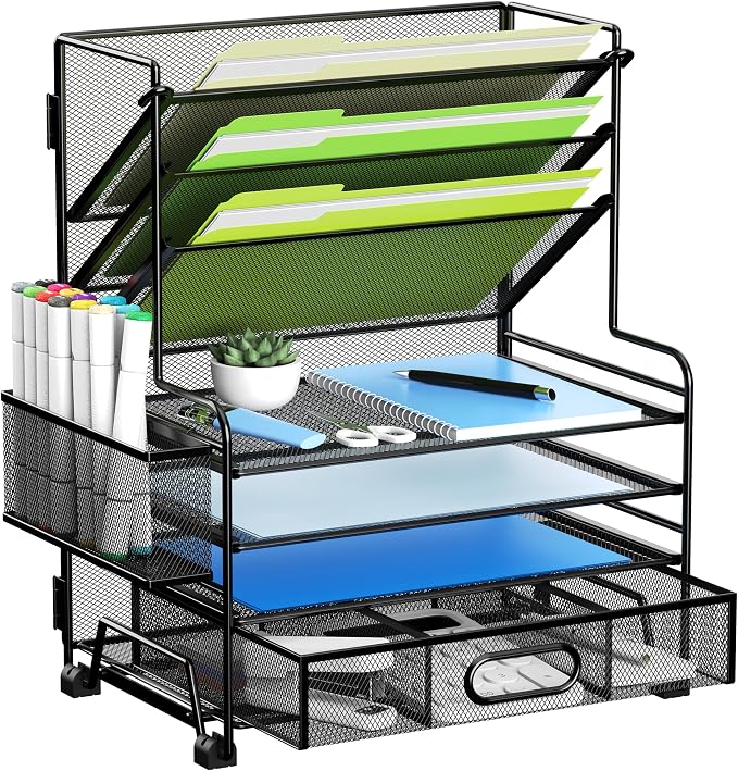 MINDEPOT 4-Tier Paper Organizer + 3-Pocket File Holder + Drawer + Pen Holders, Desktop File Organizers Paper Tray for Office Accessories School Classroom Organization (Black)
