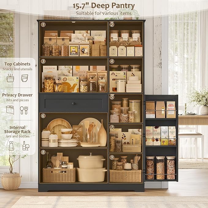 HOSTACK 68" Tall Kitchen Pantry Storage Cabinet with Doors & Shelves, Black | Large Pantry Cabinet with Door Rack, Freestanding Kitchen Storage Cabinet with Drawer, Food Pantry for Dining Living room