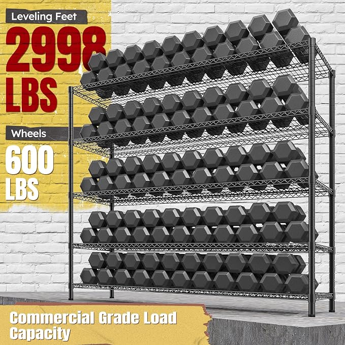 REIBII 85.7"H 5-Tier Garage Shelving with Wheels&Feet, Adjustable, 2998 lbs | 55.5"W x 24.2"D, Rustproof, Lockable wheels, Height-adjustable, Tool-free, For pantry/garage/basement/warehouse/commercial