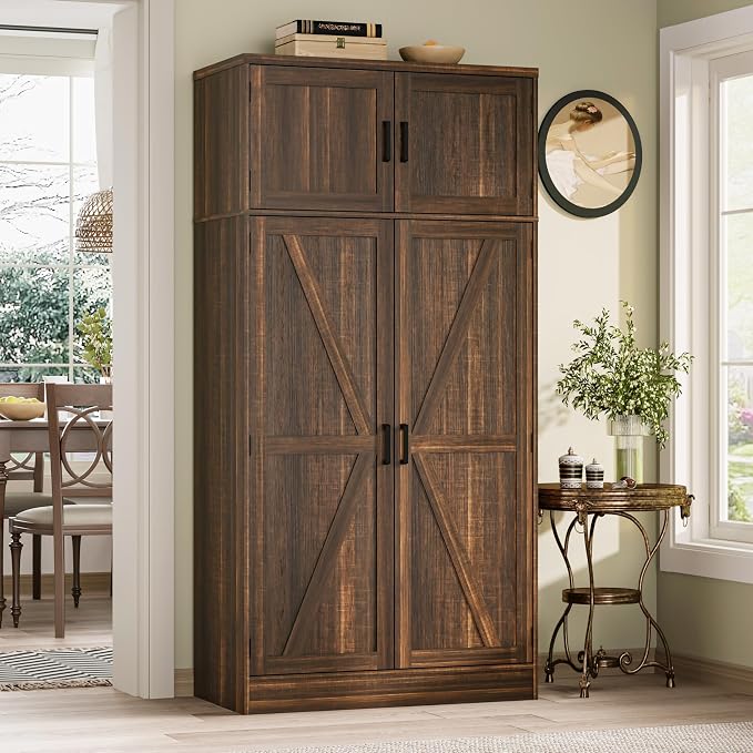 Unikito 71” Tall Kitchen Pantry Storage Cabinet with Adjustable Shelves | Large Farmhouse Storage Cupboard, Barn Doors, Sturdy and Deep, Versatile for Dinning Room, Living Room, Weathered Brown