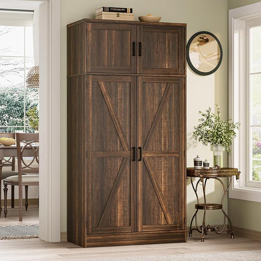 Unikito 71” Tall Kitchen Pantry Storage Cabinet with Adjustable Shelves | Large Farmhouse Storage Cupboard, Barn Doors, Sturdy and Deep, Versatile for Dinning Room, Living Room, Weathered Brown