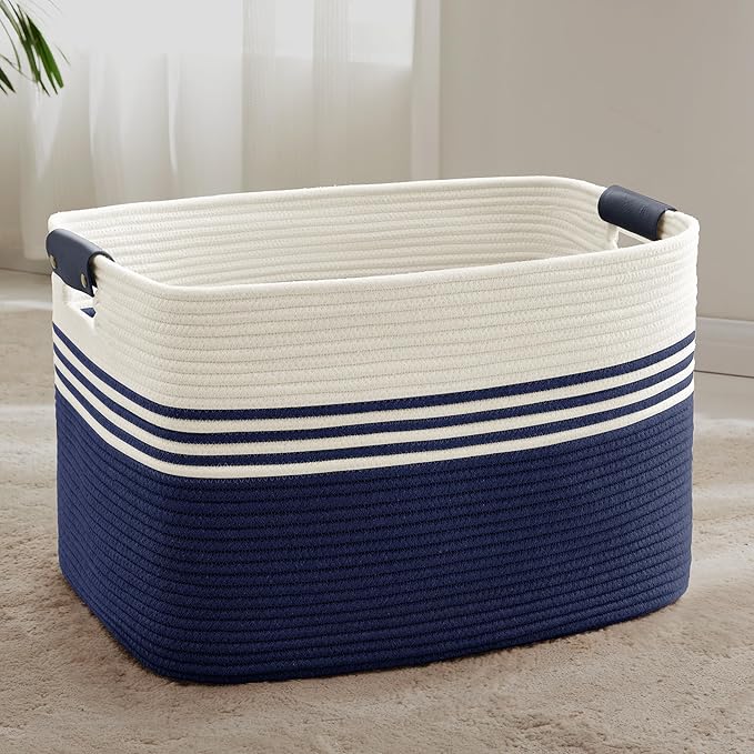 86L Large Woven Laundry Basket Hamper with Leather Handles,Navy | collapsible wicker hamper, storage for dirty clothes, toys, blankets, gifts, living room, bedroom, bathroom, 24"x16"x14"