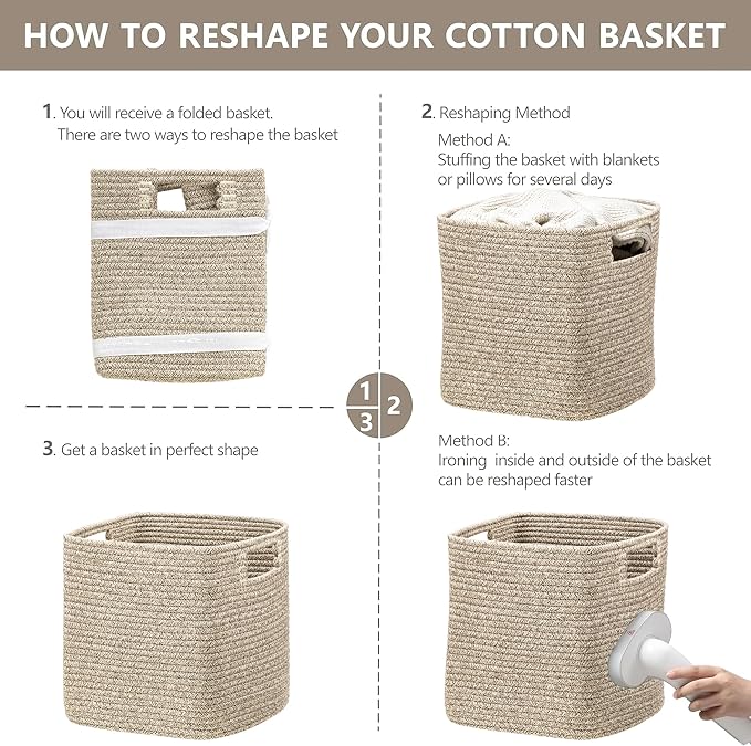 UBBCARE Set of 4 Storage Basket-12 X 12 X 12 in, Cotton Rope Basket for Shelves, Toys, Book, Cube Storage Bins with Handles, Woven Storage Baskets for Organizing, Mix-Brown