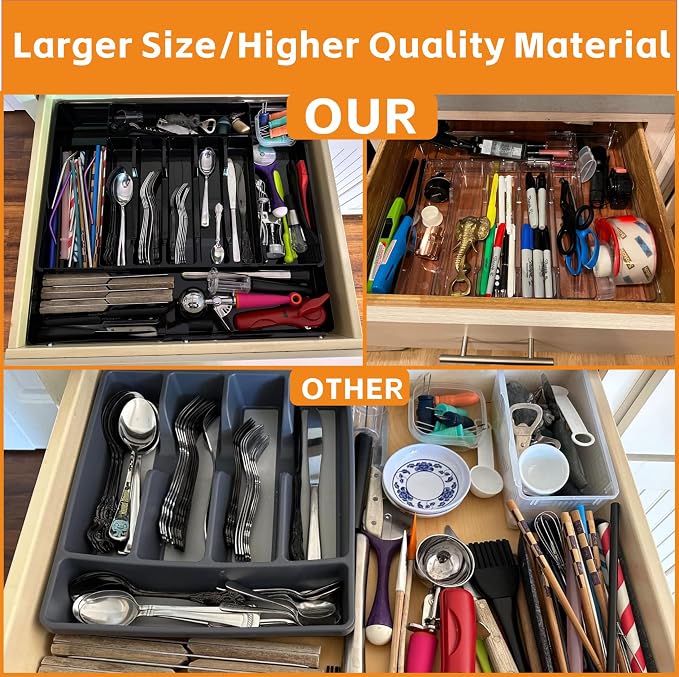Black Expandable Silverware Drawer Organizer - Adjust From 11'' to 22'' - Knife,Cutlery,Spoons and Forks Organizer,Large 8 Grid Flatware,Silverware Tray,Utensil Organizer for Kitchen Drawers