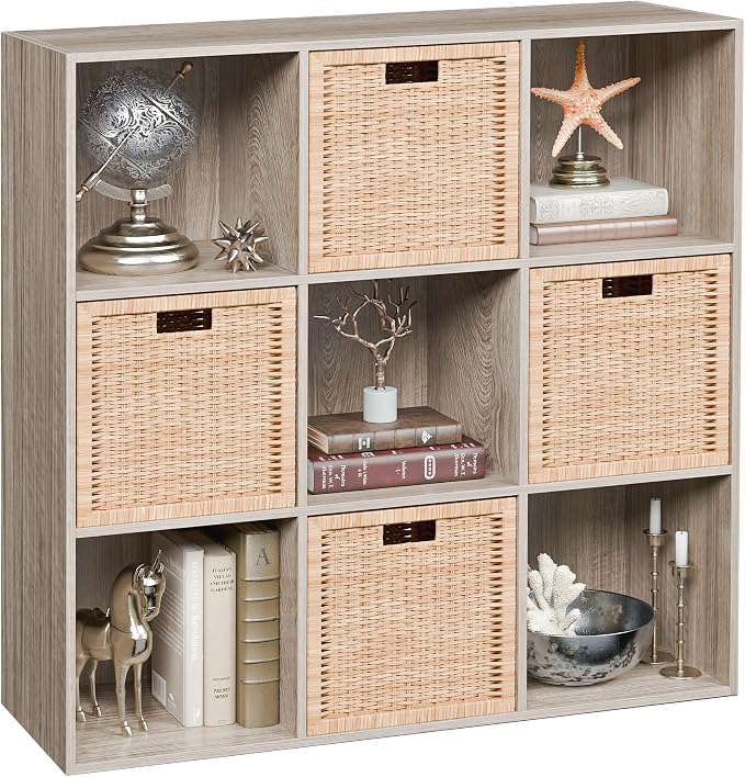 JupiterForce 9 Cubes Bookcases Storage Organizer, 3-Tier Wooden Open Bookshelf Cabinets with Removable Back Panels for Home, Office, Living Room(Natural)