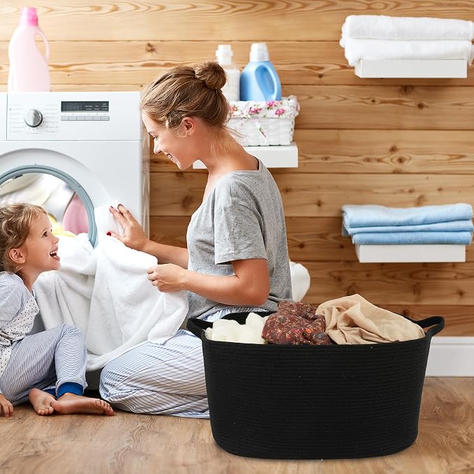 XUANGUO Large Rectangle Woven Cotton Rope Blanket Basket 22"x17"x12" Black | Storage basket for nursery and living room; toy basket for kids, dog toy storage, or laundry basket for clothes and towels.
