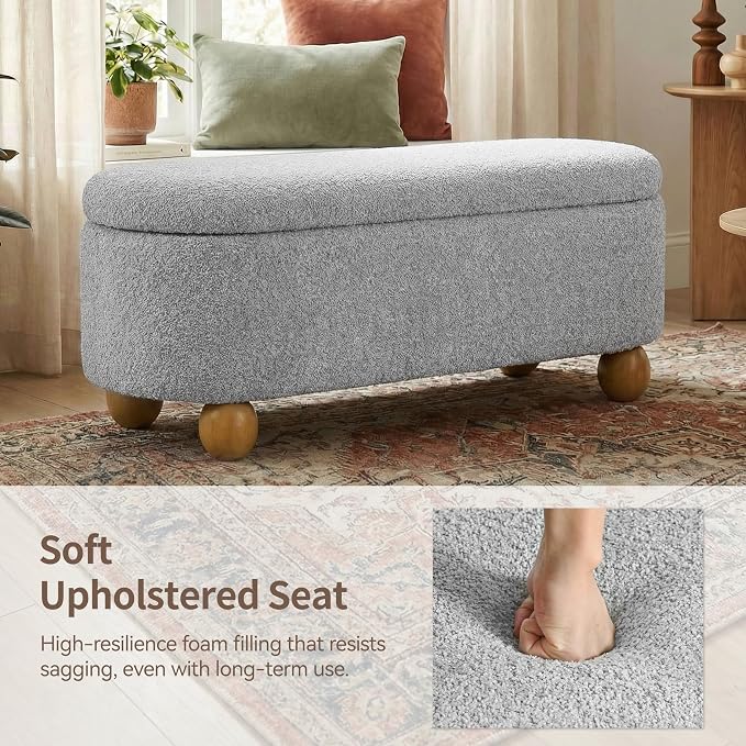 VKNOW 44.8" Storage Ottoman Bench End of Bed Bench for Bedroom, Grey | Cute Spherical Solid Wood Stool Legs, Comfortable Fabric, No Assembly, Bedroom Living Room Entryway Dressing Areas