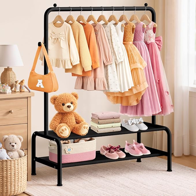 mirolam Kids Clothing Rack - Small Garment Rack - Small Kids Costume Wardrobe Rack with 2 Fabric Floors Storage Shelf - Mini Short Baby Toddler Clothes Rack