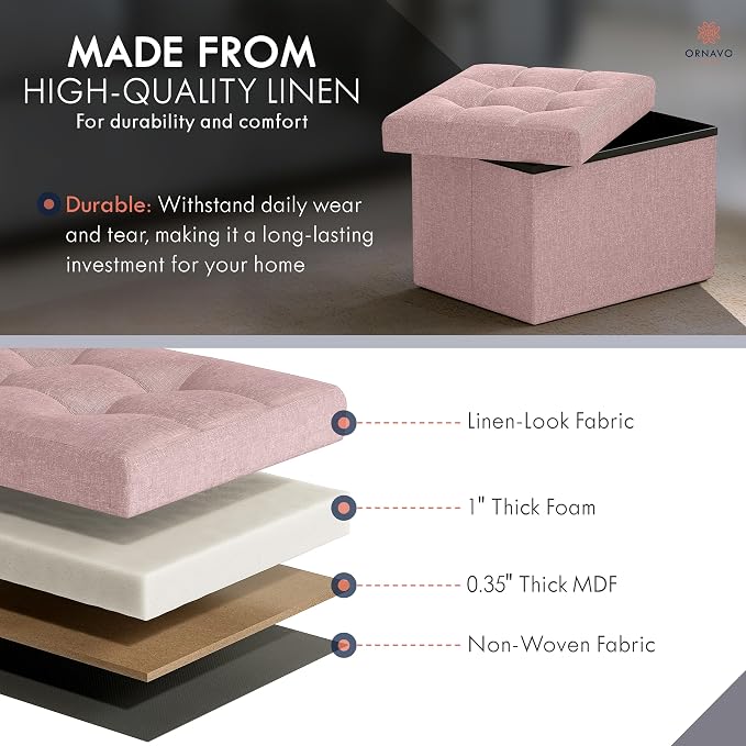 Ornavo Home Small Rectangle Storage Ottoman, Foldable Linen, 12x16x12, Pink | Collapsible Cube Design; Foot Rest Stool Seat; Ideal for Living Room, Bedroom, Home Office or Dorm