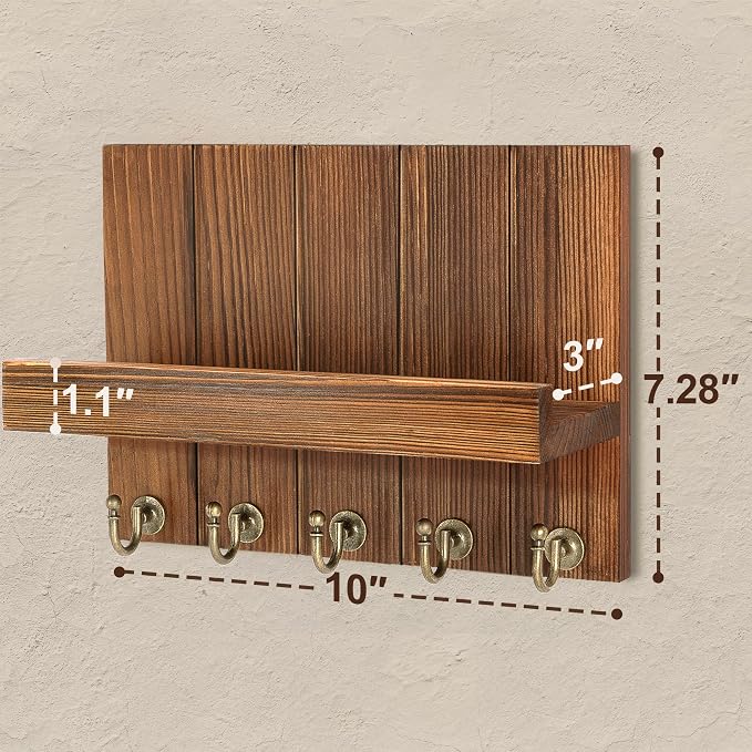 Rebee Vision Key Holder Wall Mount with Shelf for Entryway, Retro Brown | 3.54" x 10" x 7.28", 5 Key Hooks, Pine Wood, Key Holder for Wall for Home Decor, Mail Organizer, Home Organizaition