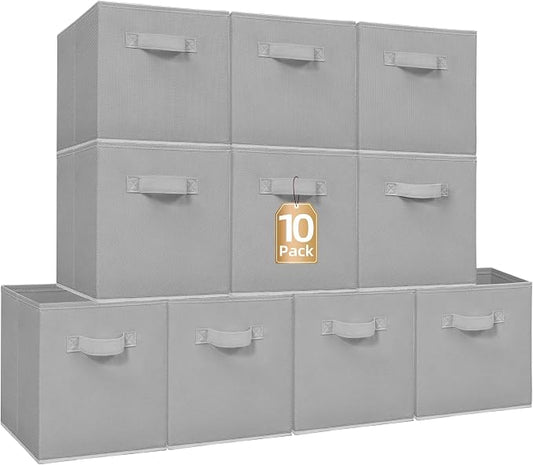 STORAGE MANIAC Storage Cubes, 11 Inch Collapsible Storage Bins with Handles, 10 Pack Fabric Foldable Bins for Organization, Durable Storage Bins for Closet, Shelves, Offices, 10-Pack Grey