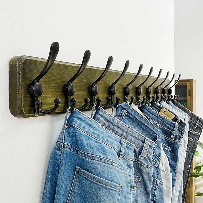 Coat Rack Wall - Heavy-Duty 38-1/4" Long, with Reinforced 10 Custom Tri-Hooks, Solid Wood Wall Hanger for Coats Hat Jackets - Rustic Farmhouse Entryway Storage,Weathered Green & Black,Pack of 2