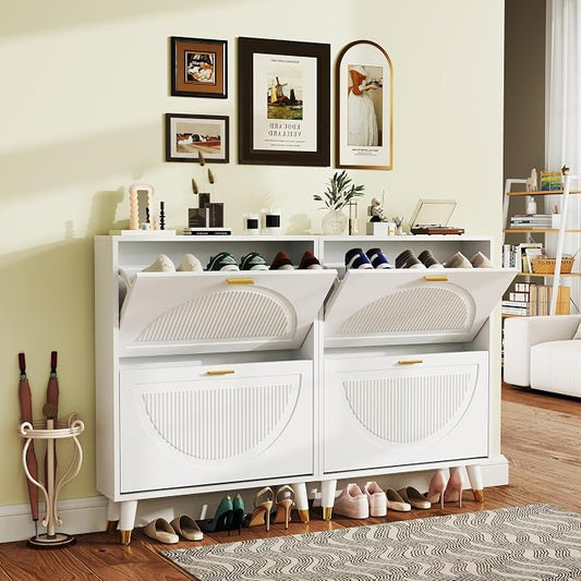 White Shoe Cabinet Storage for Entryway: Modern Hidden Shoe Storage Cabinet, Shoes Rack with 4 Flip Drawers, Wood Small Organizer with Doors (2 Pieces，25")