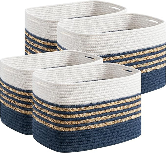 UBBCARE 4 Pack Baskets for Organizing, Woven Storage Baskets for Toys and Towel, Rectangle Cotton Rope Basket with Handles, 14''L x 8''W x9''H, Navy Blue