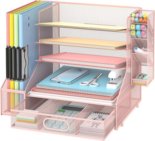 5-Tier Desk Organizer with File Holder & Pen Holder & Sliding Drawer, Pink | Mesh Metal Paper Letter Tray for Papers, Mail, Office Supplies, and Desk Accessories
