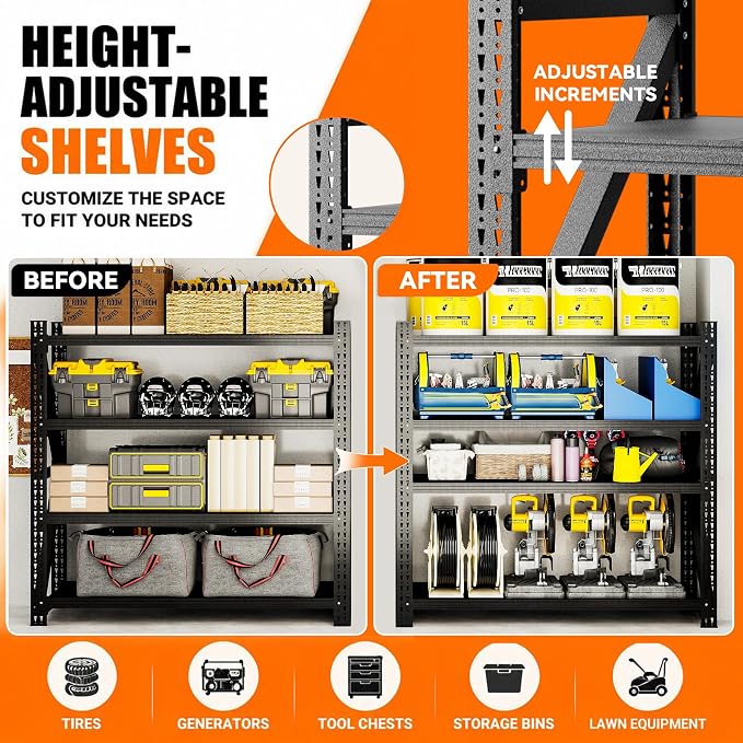 7000LBS Garage Shelving, 79" W Heavy Duty Metal Adjustable 4 Tier Storage for Warehouse, Basement, Shop and Office, Commercial-Grade Steel Organizer, 79" W x 24" D x 75" H