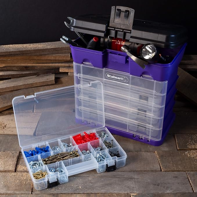 Storage and Tool Box-Durable Organizer Utility Box-4 Drawers with 19 Compartments Each for Hardware, Fish Tackle, Beads, and More by Stalwart (Purple) | With Drawers and Customizable Compartments for Hardware, Fishing Tackle Box, Beads, or Craft Supplies
