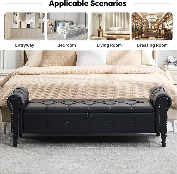 Storage Bench 67" Faux Leather End of Bed Benches Obsidian Black | King Size Storage Bench for Bedroom with Rolled Arms Tufted Ottoman Benches Upholstered Bench for Living Room Entryway