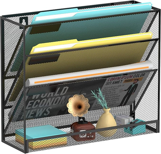 SUPEASY Wall File Organizer Mesh Office Mail Holder, Hanging Wall Organizer Magazine Rack for Office Black, 4 Tier