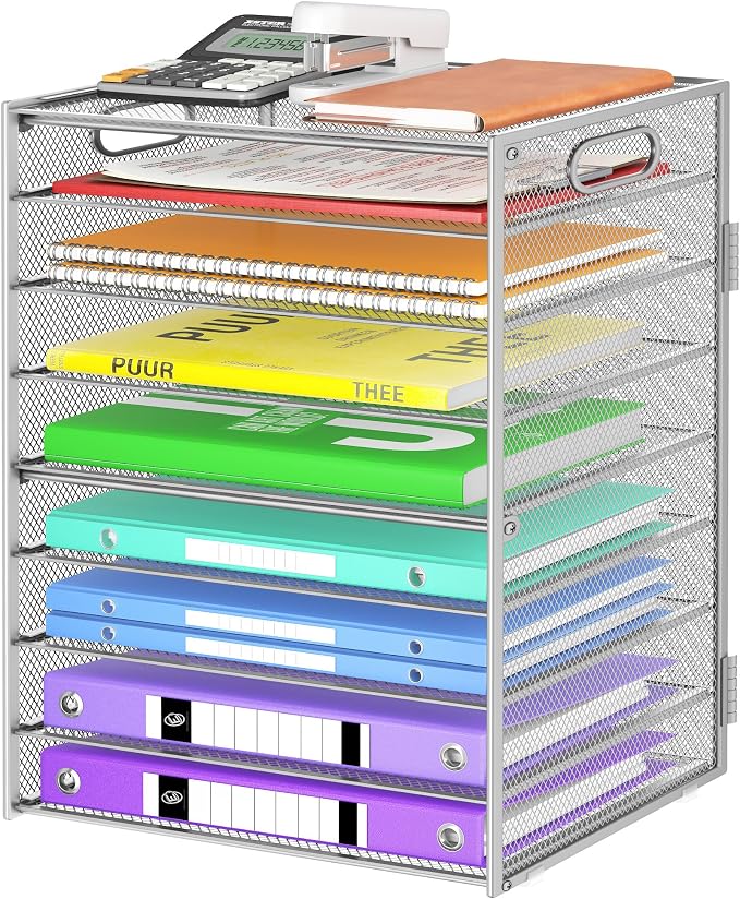 Cawukege 9 Tier Paper Organizer with Handle, Large Capacity Desk Organizer Mesh File Folder Letter Paper Tray Desktop Document Sorter for Classroom, School, and Office Accessories Organization- Silver
